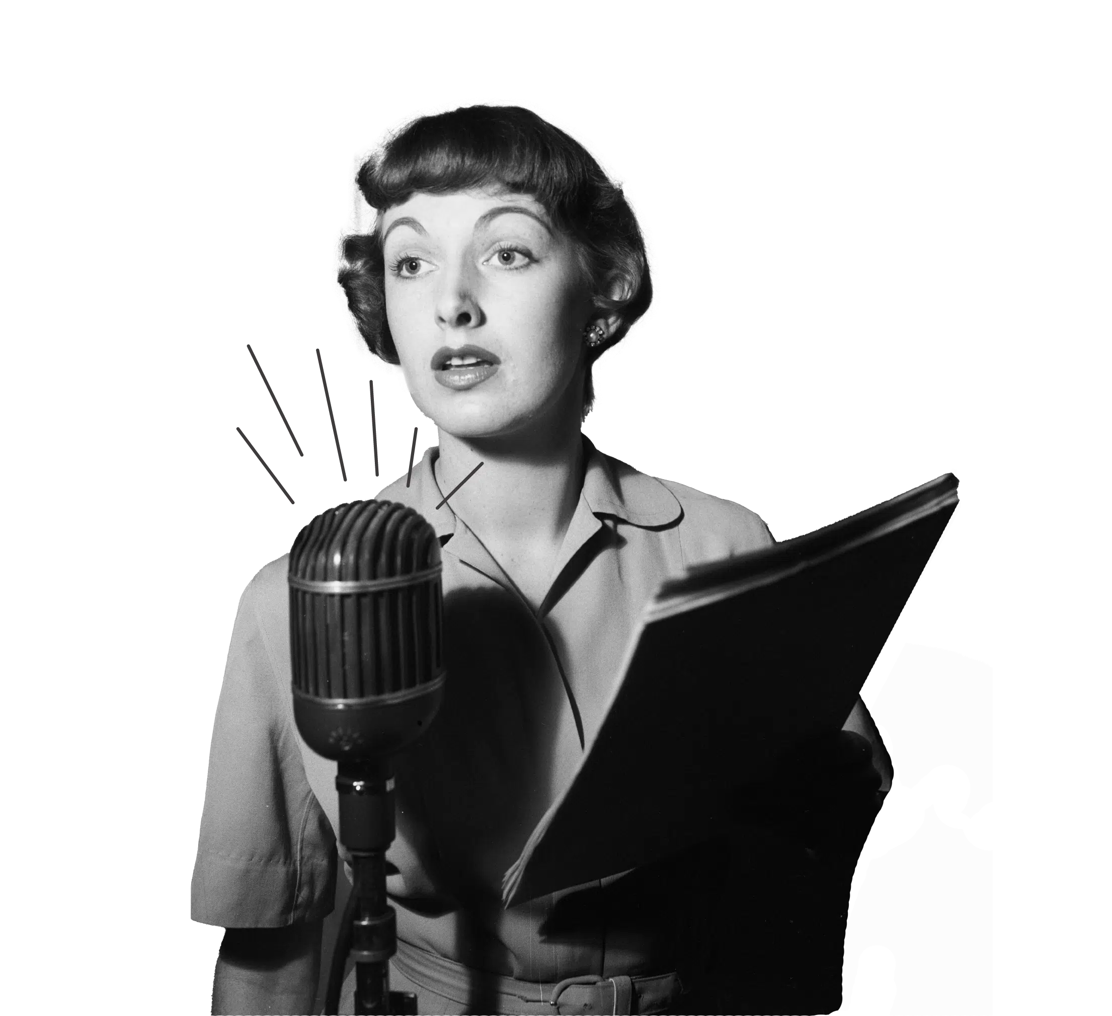 Talen op de arbeidsmarkt duik in taal radio omroeper micro vrouw zangeres retro vintage taalleraar