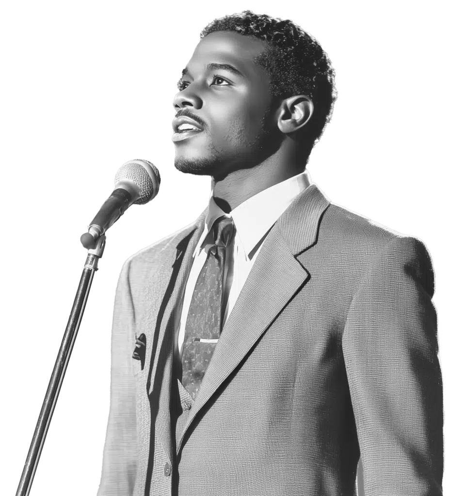 Man in pak spreekt in een microfoon tijdens een evenement van Woord in Actie.